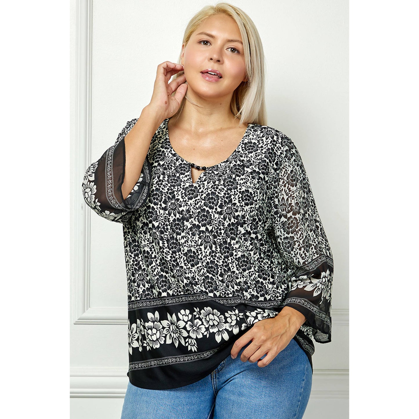 PLUS SIZE BLOOMING GRACE FLORAL JEWEL NECK BLOUSE