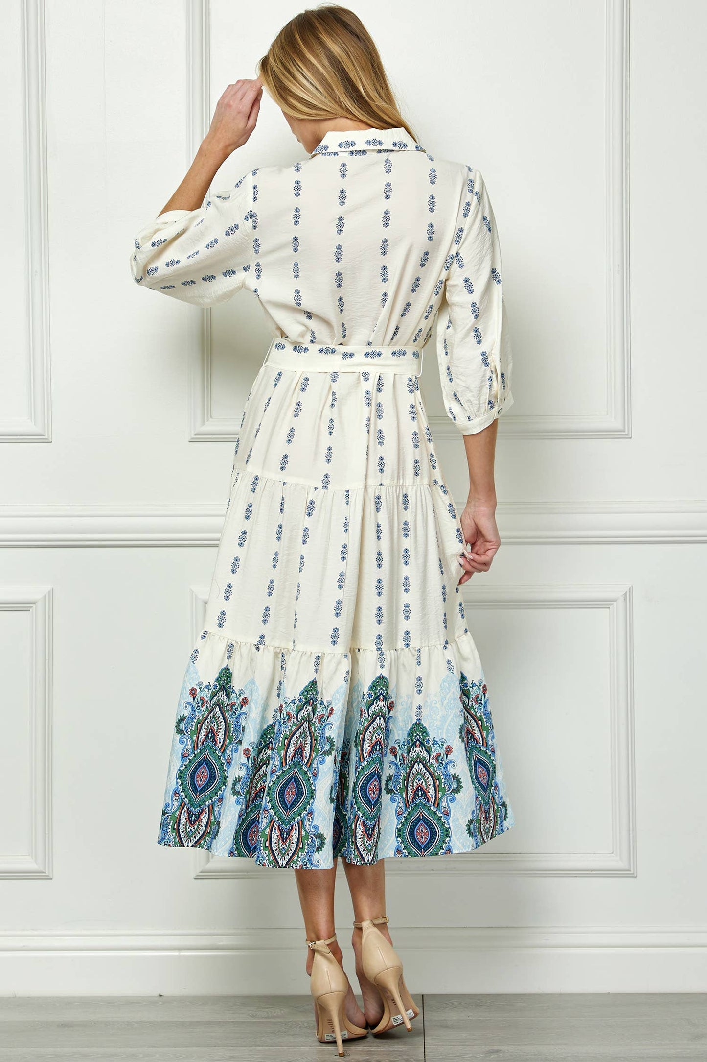  IVORY BLUE ETHNIC MOTIFS PRINT DRESS 